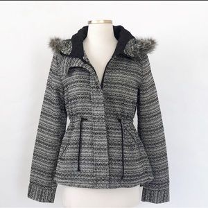 AQUA Geometric Tweed Jacket with Fur Hood and Tie Waist